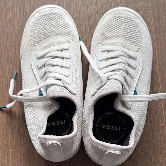 Vessi Shoes - Vessi White Knit Sneakers with Teal Accents